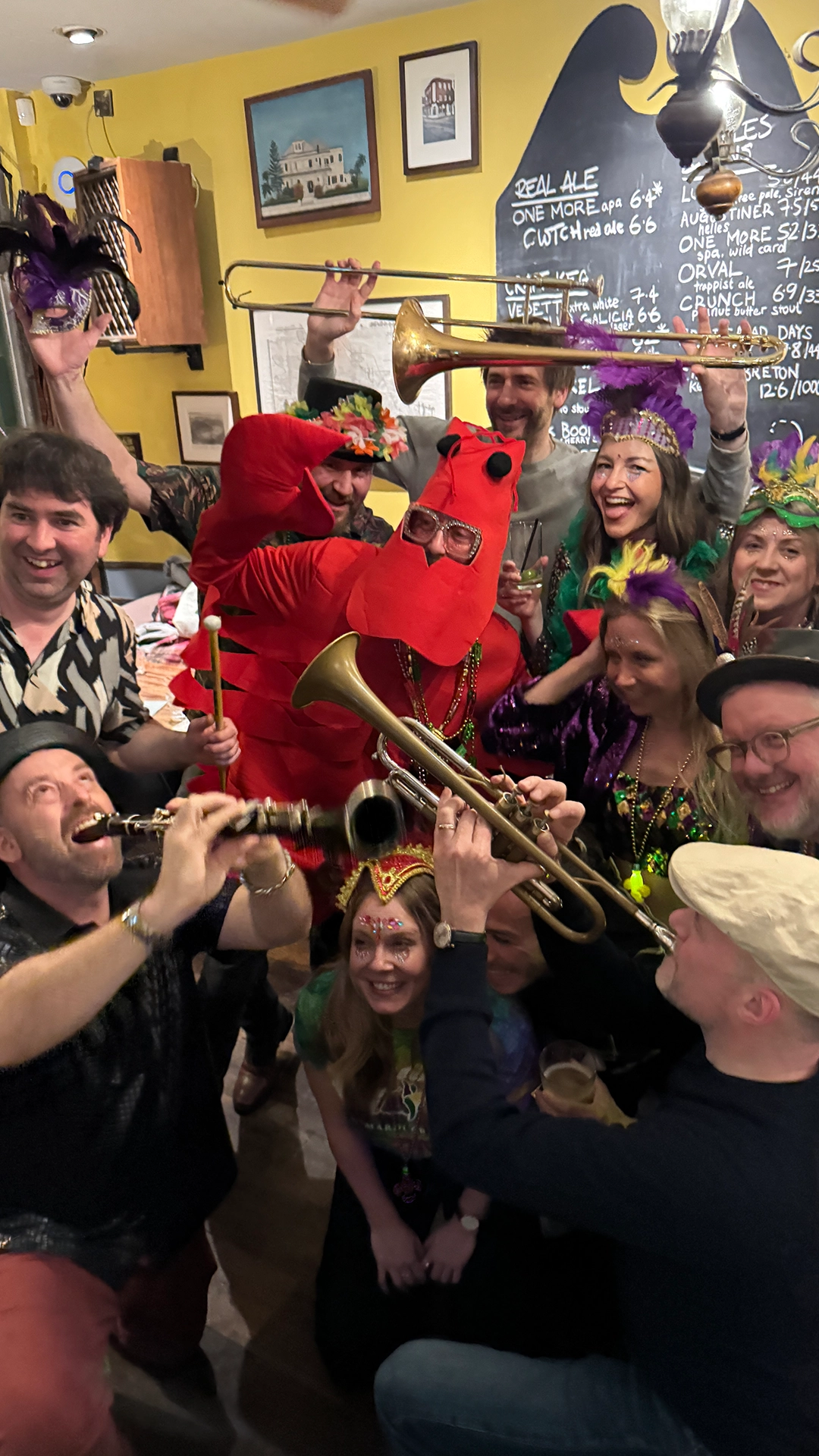 Mardi Gras party in an Islington pub with live brass music and fancy dress