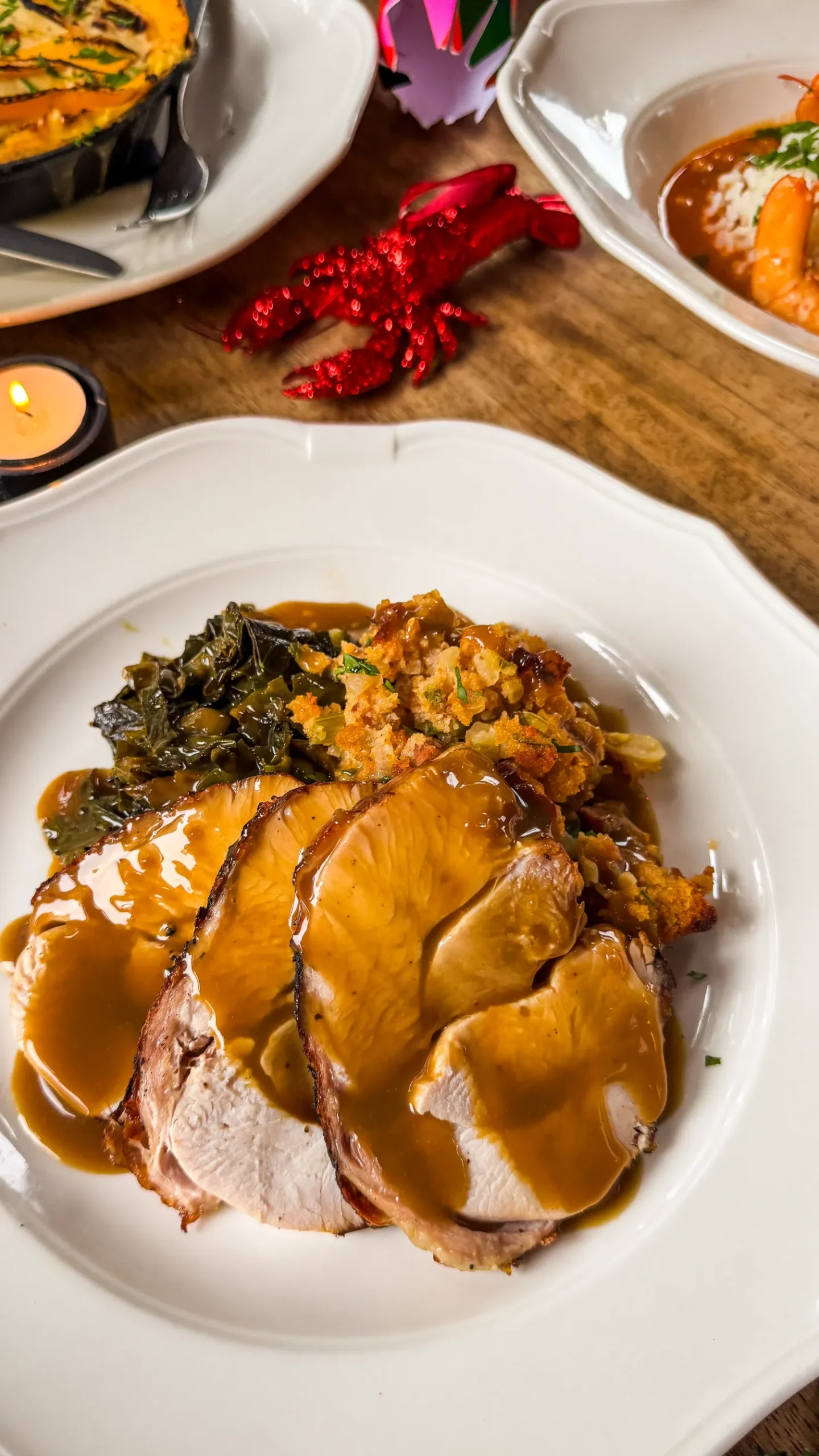 Roast turkey Christmas menu at Plaquemine Lock Roast turkey with cornbread stuffing, collard greens and gravy on the Christmas menu at Plaquemine Lock